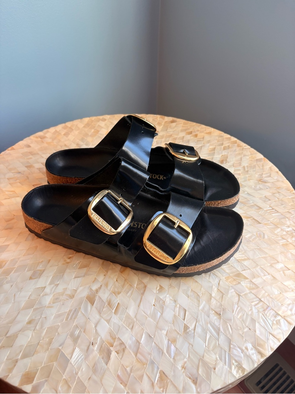 Birkenstock Black Patent Two-Strap Sandals with Gold Buckles - Picture 2 of 4